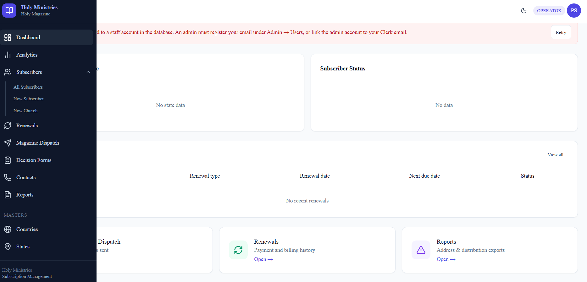 MSM dashboard for magazine subscribers, renewals and dispatch