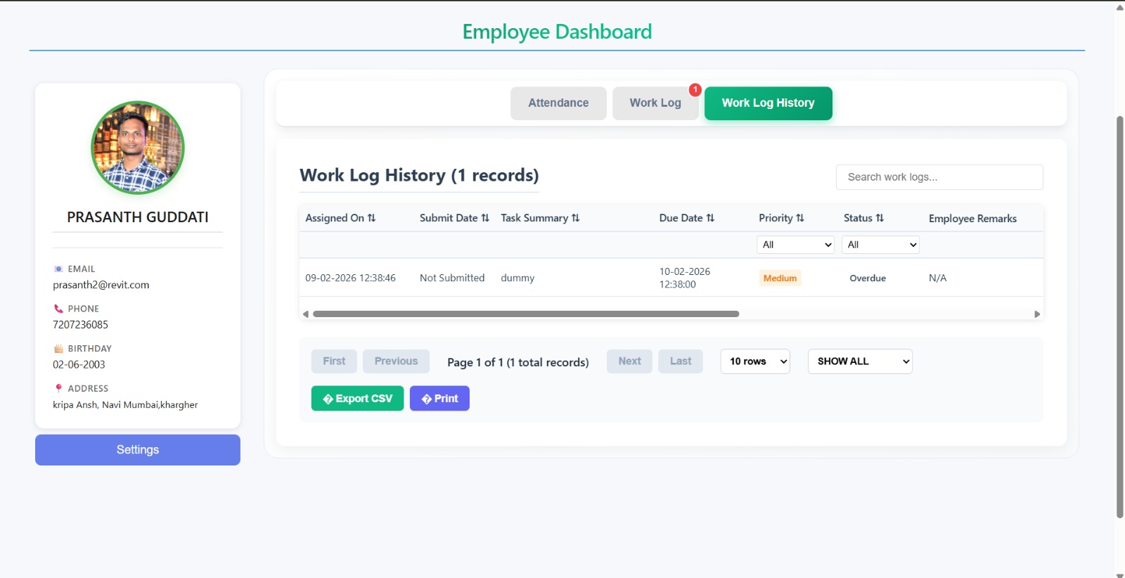 PSheet desktop interface for attendance, tasks and worklog management