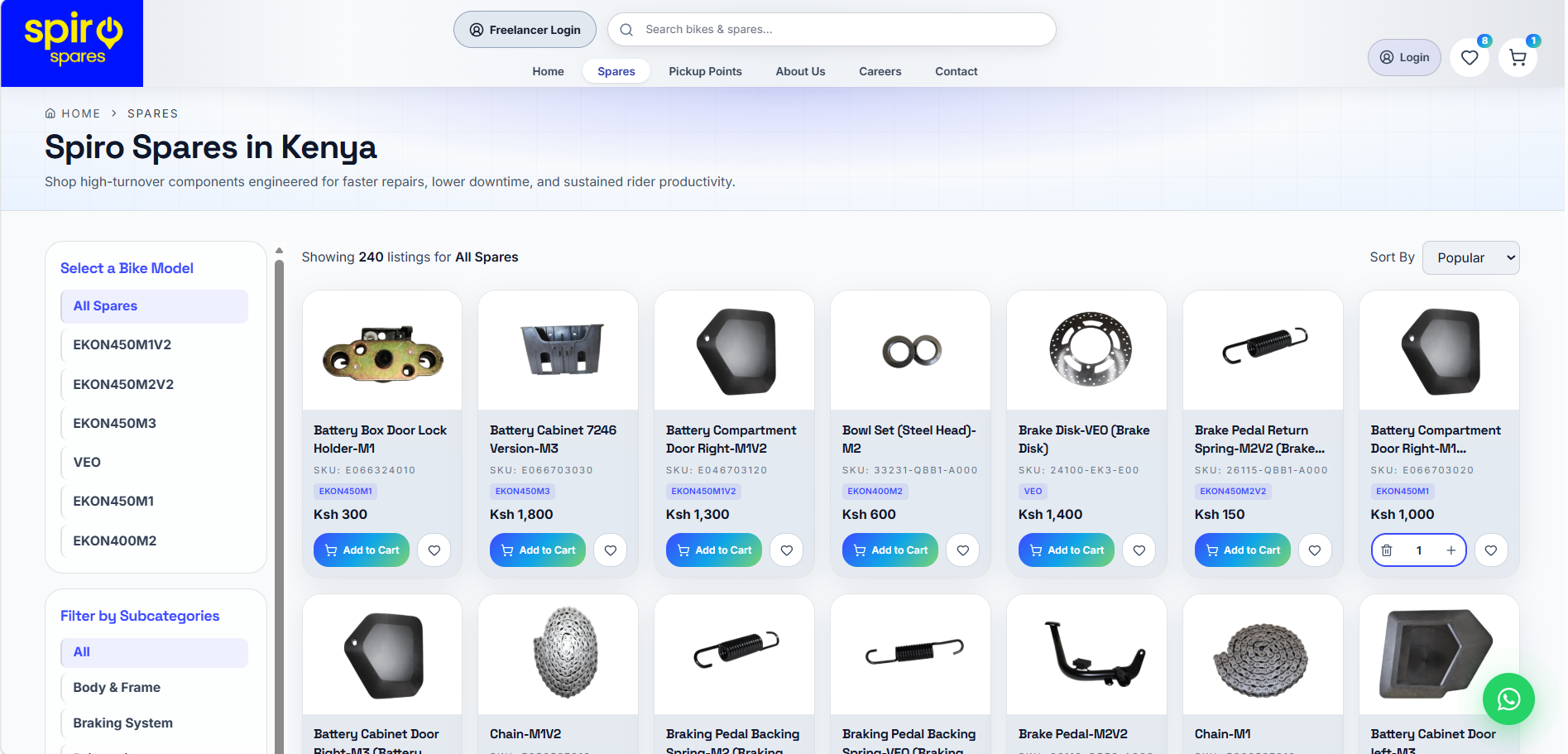 Spiro Spares product catalogue and spare-parts browsing interface